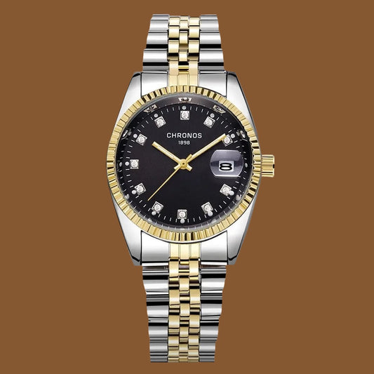 Men Luxury Rhinestone Watch Gold Waterproof Stainless Steel Bracelet Calendar Wrist Watch Male Two Tone Business Clock CH2903